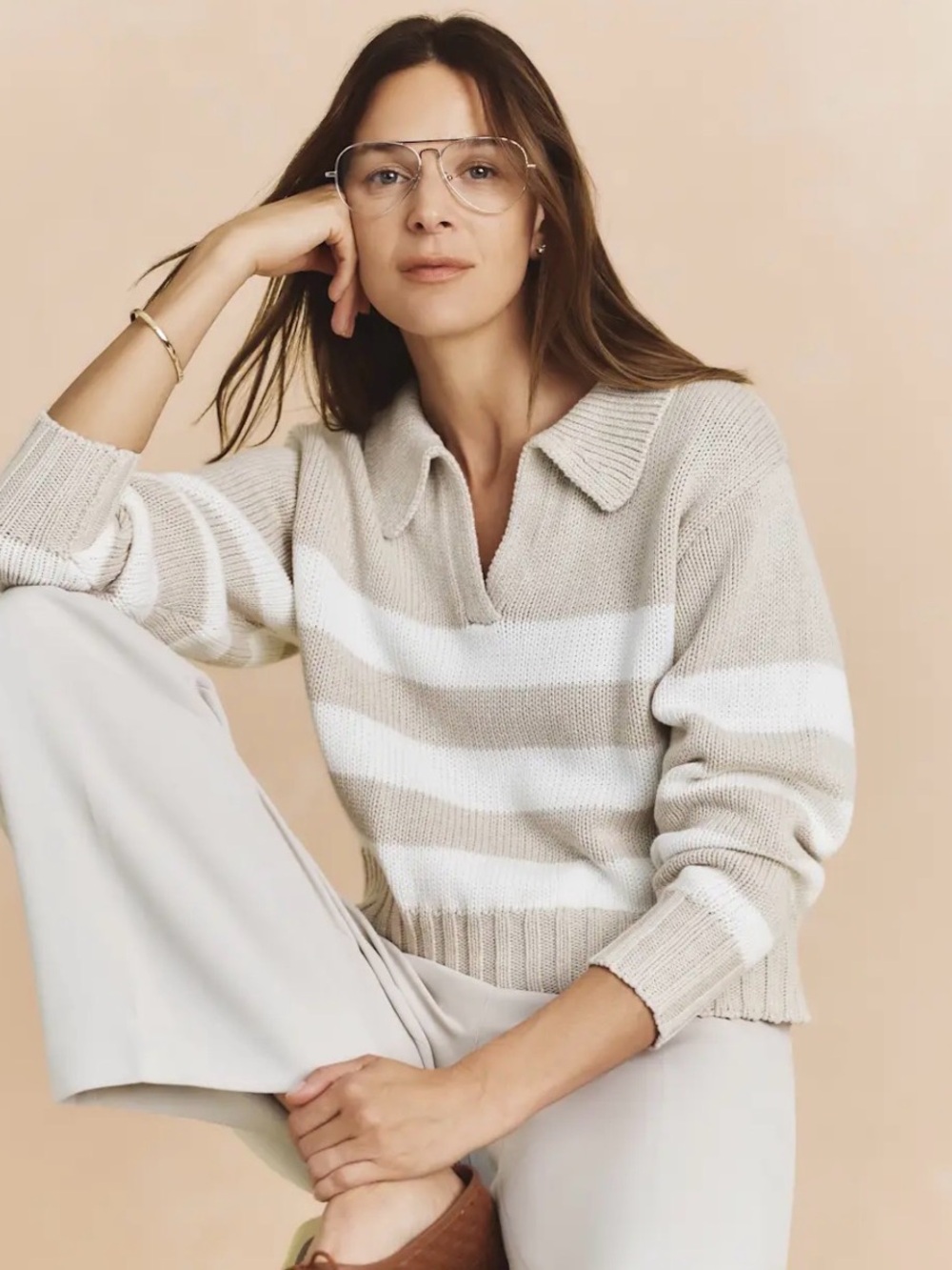 Quince Beige and White Striped Collared V‑Neck Sweater